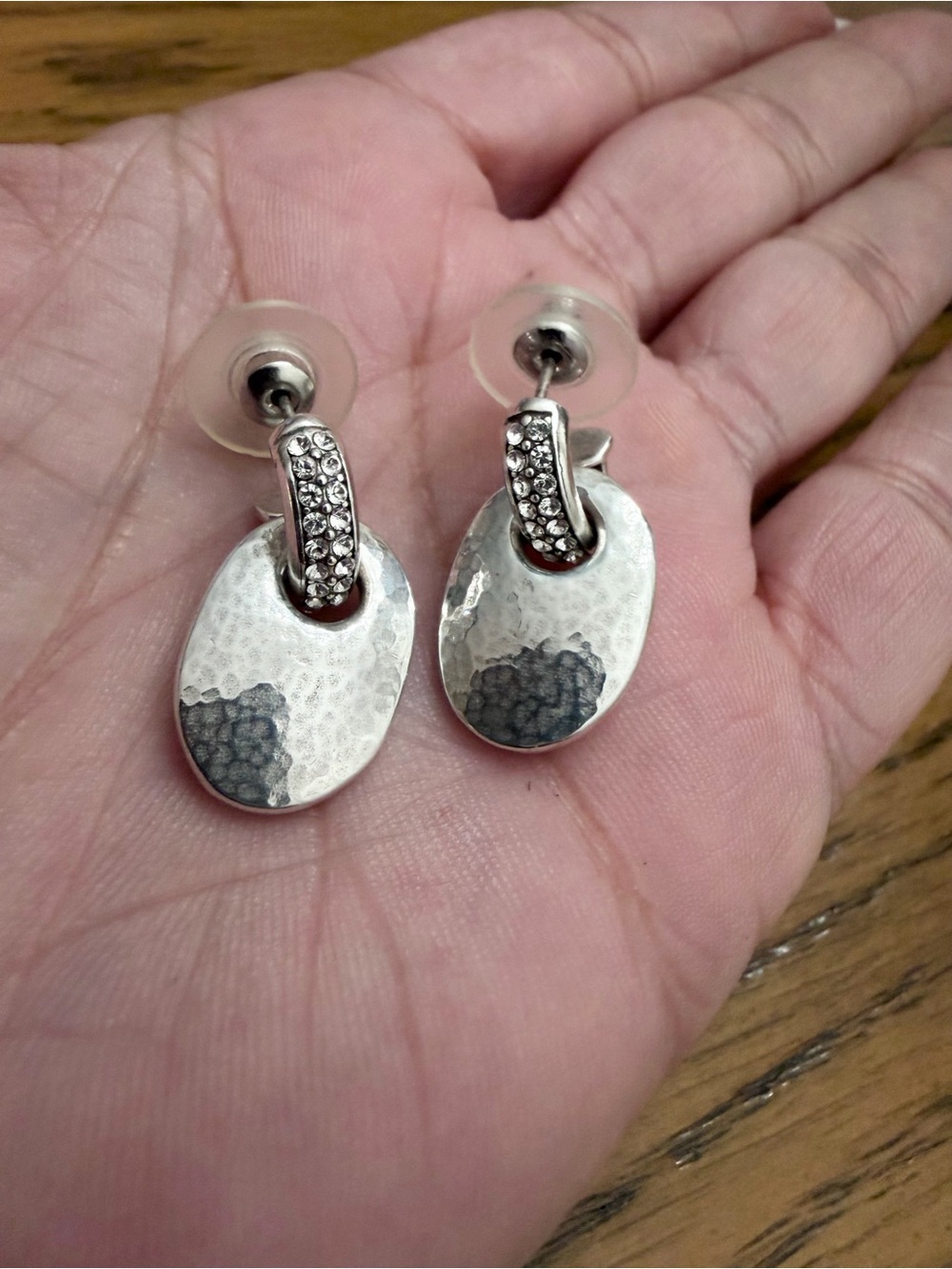 RETIRED Brighton Silver Hammered Oval Drop Earrings with Swarovski Crystals